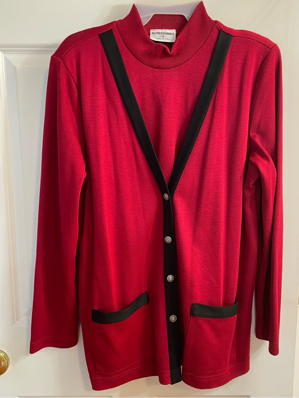 Vintage 80s Alfred Dunner Red Black Faux Cardigan Top Small Made USA Mod